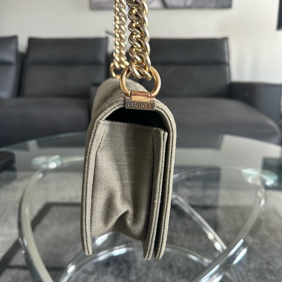 “SOLD” Authentic Chanel Boy Flap Quilted Olive Denim Bag - Picture 5 of 11